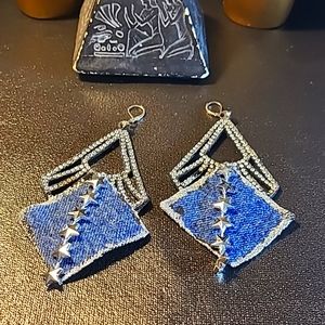 4 inches denim fabric blue jeans bling earrings